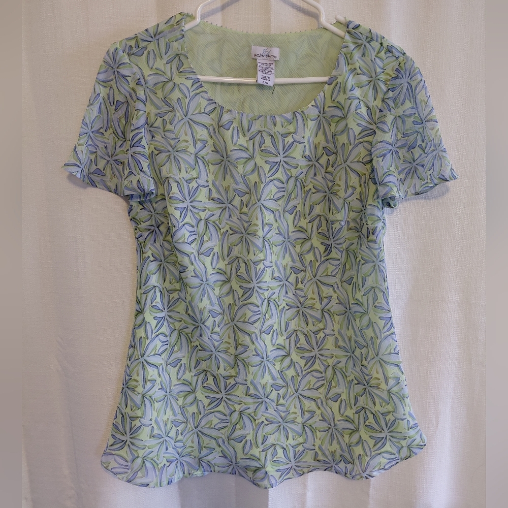 Jaclyn Smith Leaf Patterned Short Sleeve Top - Green and Blue